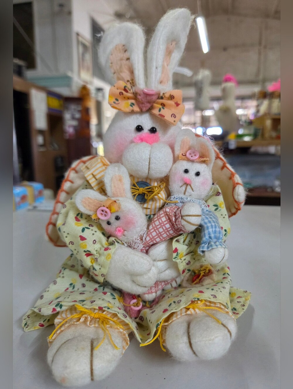 Mama Bunny Holding Babies Plush Doll Cottagecore Country Decor